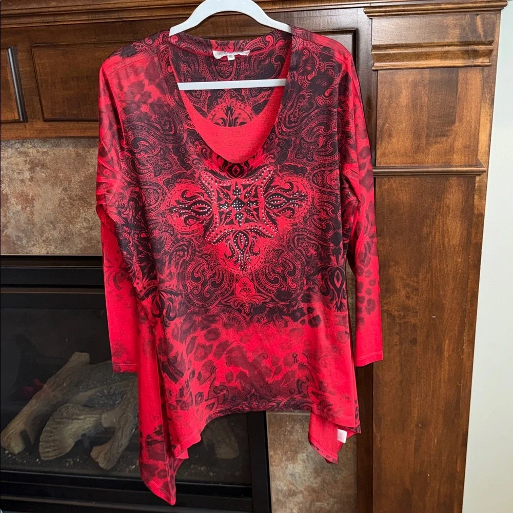 Long sleeve red black embellished gothic witchy edgy tunic shark bite hem Y2K XL